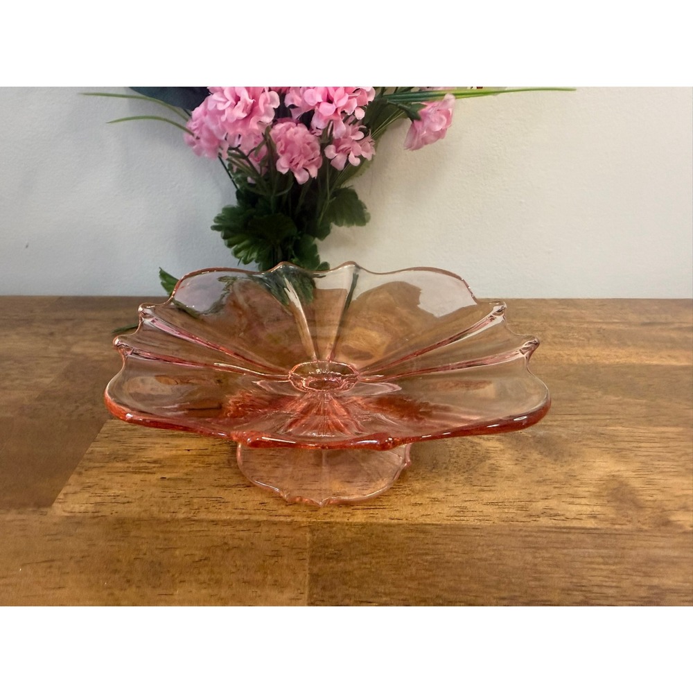 Vintage Pink Depression Glass Pedestal Compote Flower‎ Petal Dessert Dish Decor
